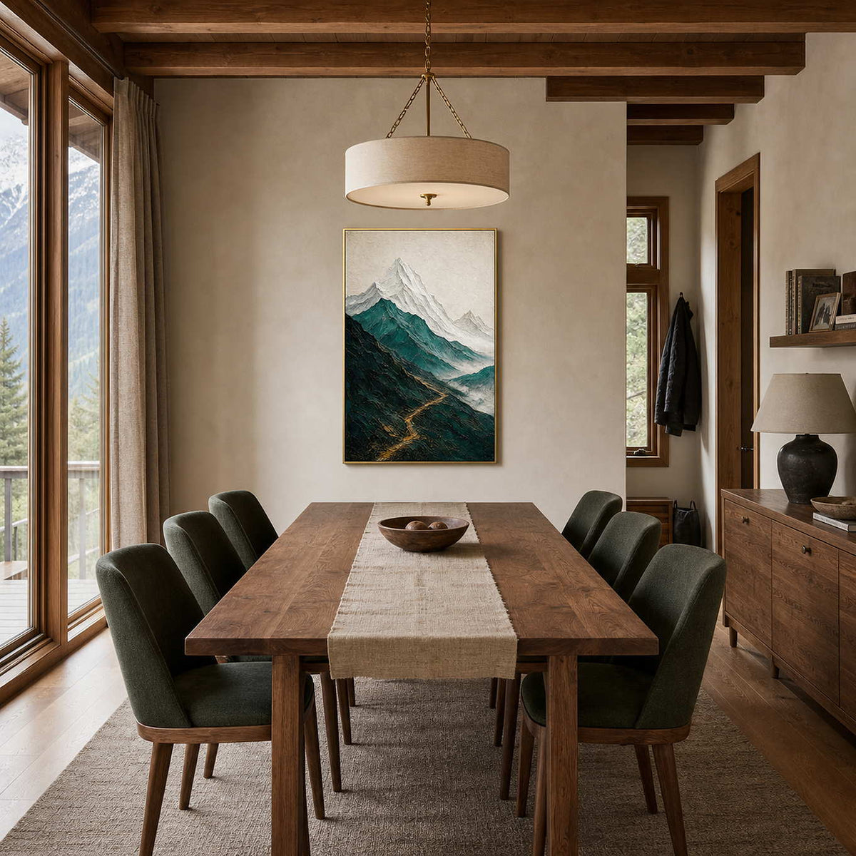 Textured mountain wall art displayed in a warm wood dining room.