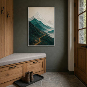 Textured mountain wall art displayed in a refined mountain-home entryway.