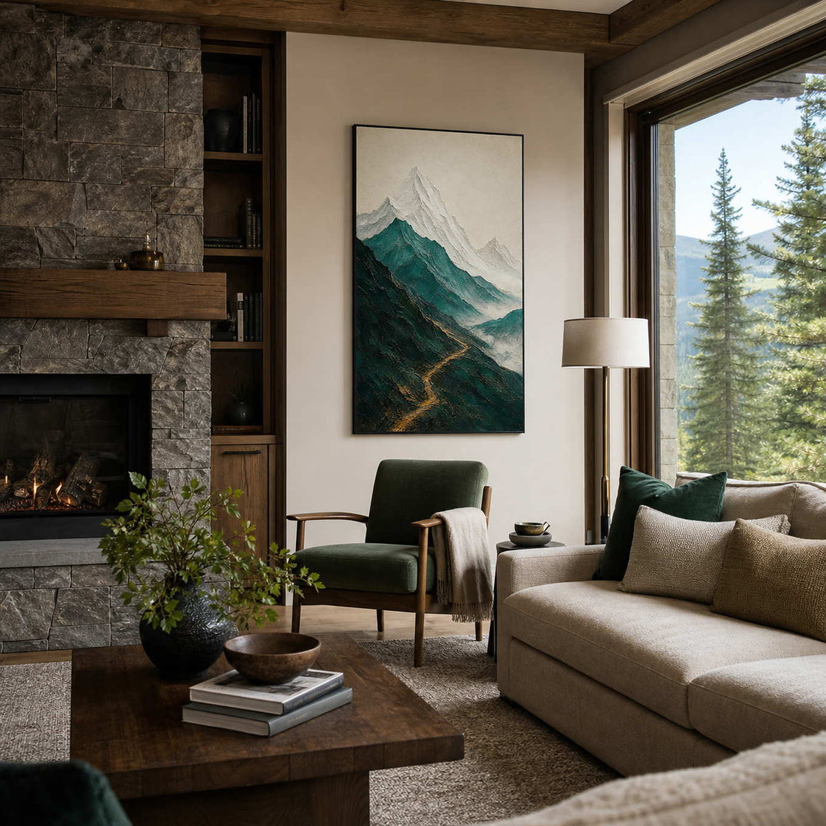 Textured mountain wall art displayed in a contemporary living room.