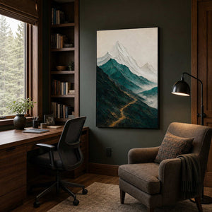 Textured mountain wall art displayed in a dark wood home office.