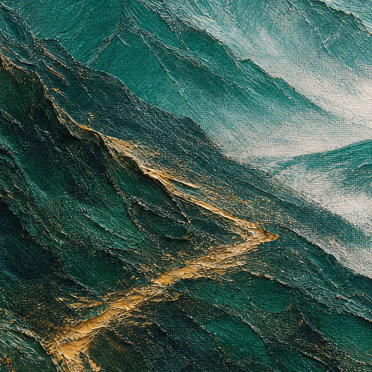 Close-up of raised emerald green and metallic-gold mountain texture.