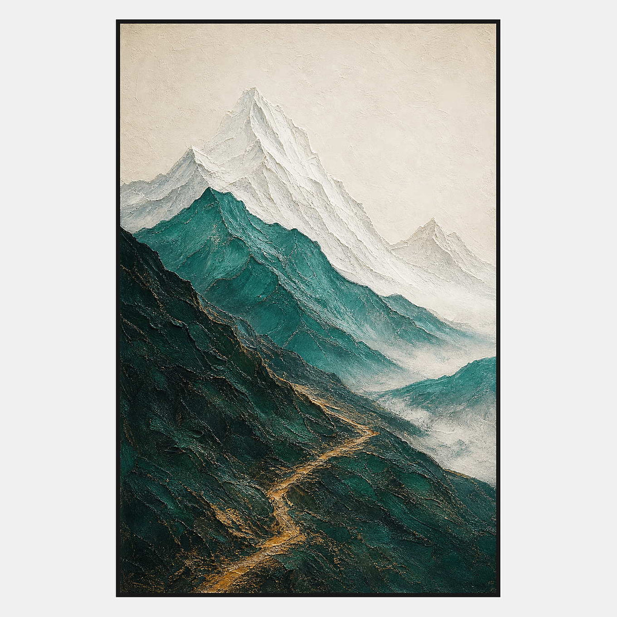 Hand-painted mountain wall art in emerald green, misty ivory, and metallic gold.