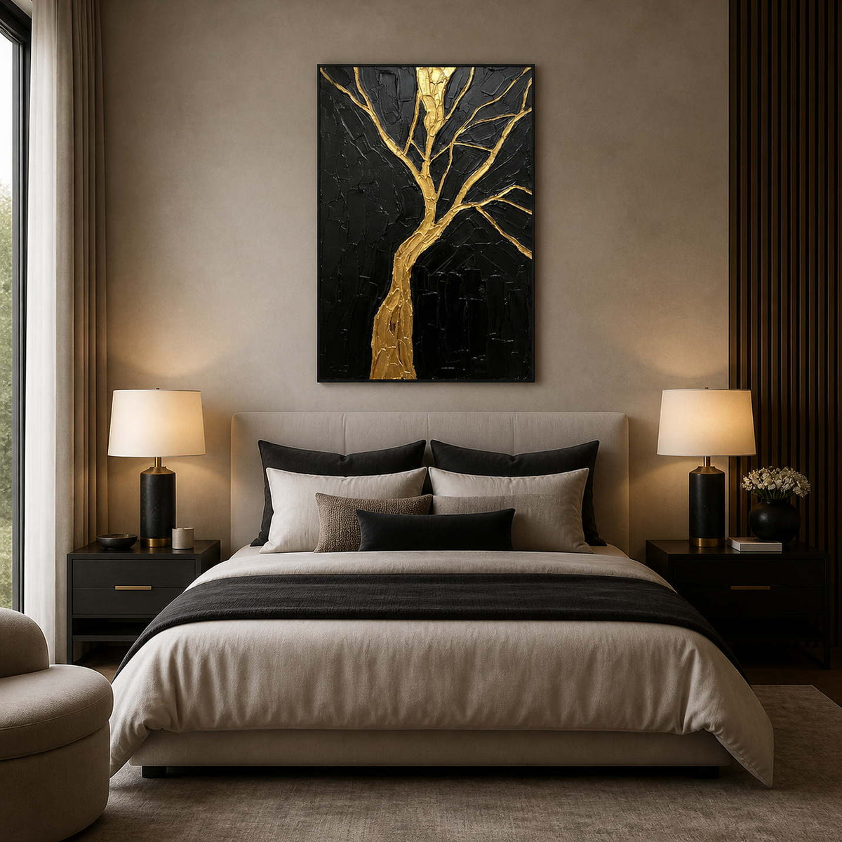 Dramatic gold tree wall art displayed above a refined neutral bedroom.