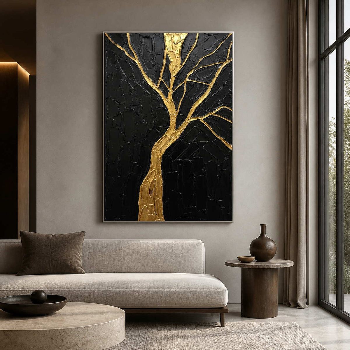 Gold tree artwork displayed above a sculptural cream living room sofa.