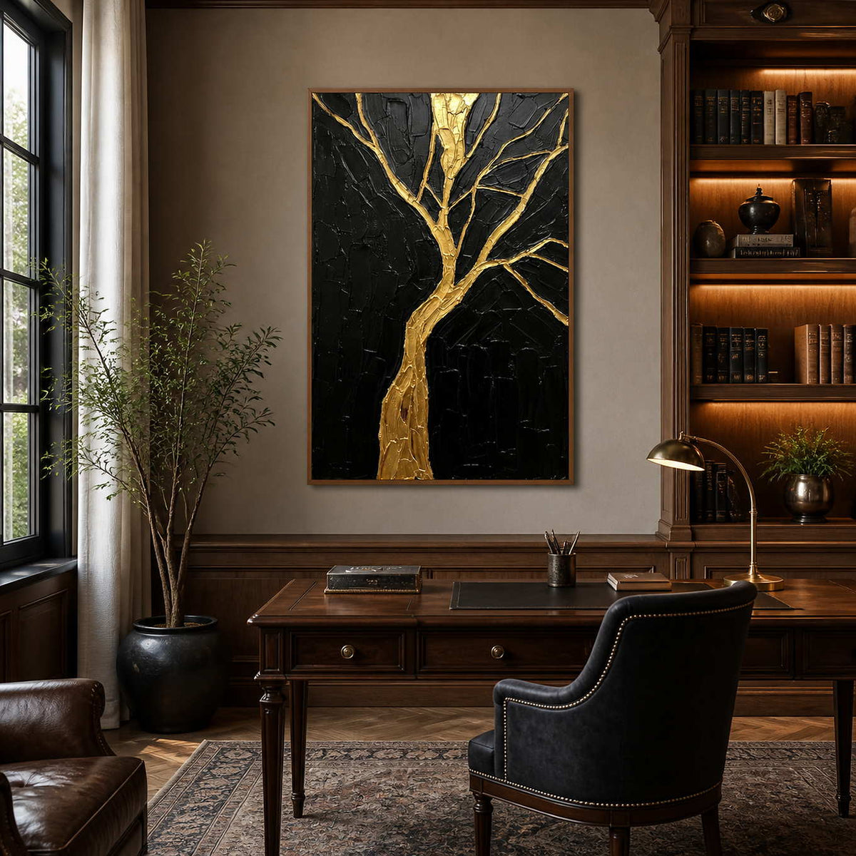 Black and gold botanical artwork displayed in a dark walnut home office.