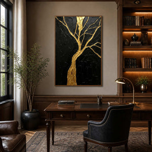 Black and gold botanical artwork displayed in a dark walnut home office.