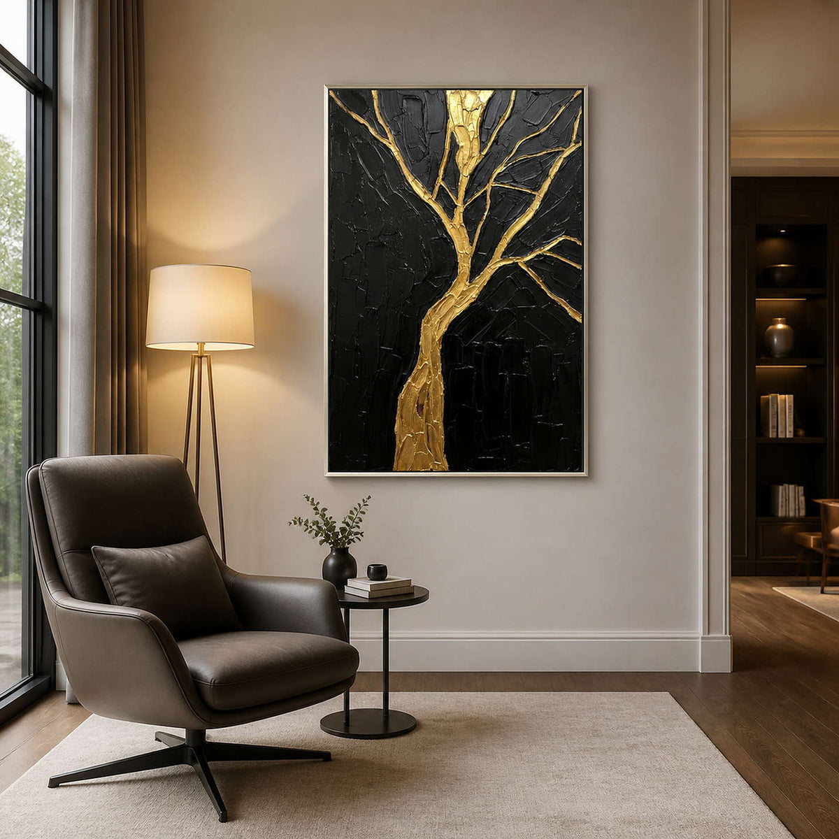 Textured tree artwork displayed beside a contemporary reading chair.