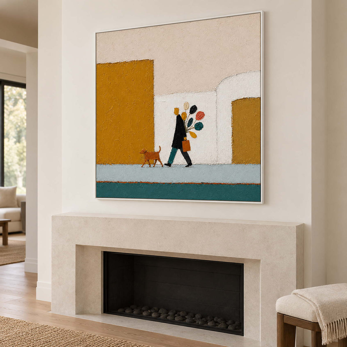 A figure walking a dog past mustard buildings with a colorful bouquet in a white frame, displayed above a fireplace.