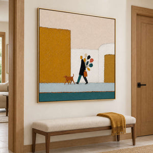 A figure walking a dog past mustard buildings with a colorful bouquet in a gold frame, displayed in a hallway.