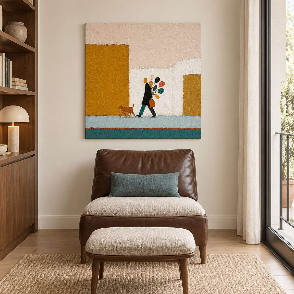 A figure walking a dog past mustard buildings with a colorful bouquet without an outer frame, displayed beside seating in a lounge.