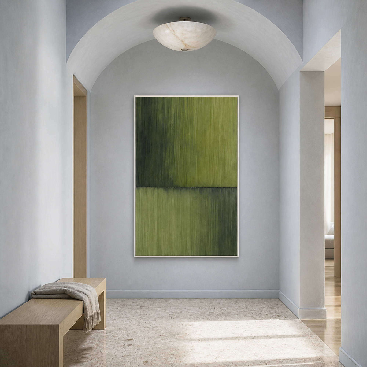 Quiet olive abstract canvas in a mist-blue arched entryway.