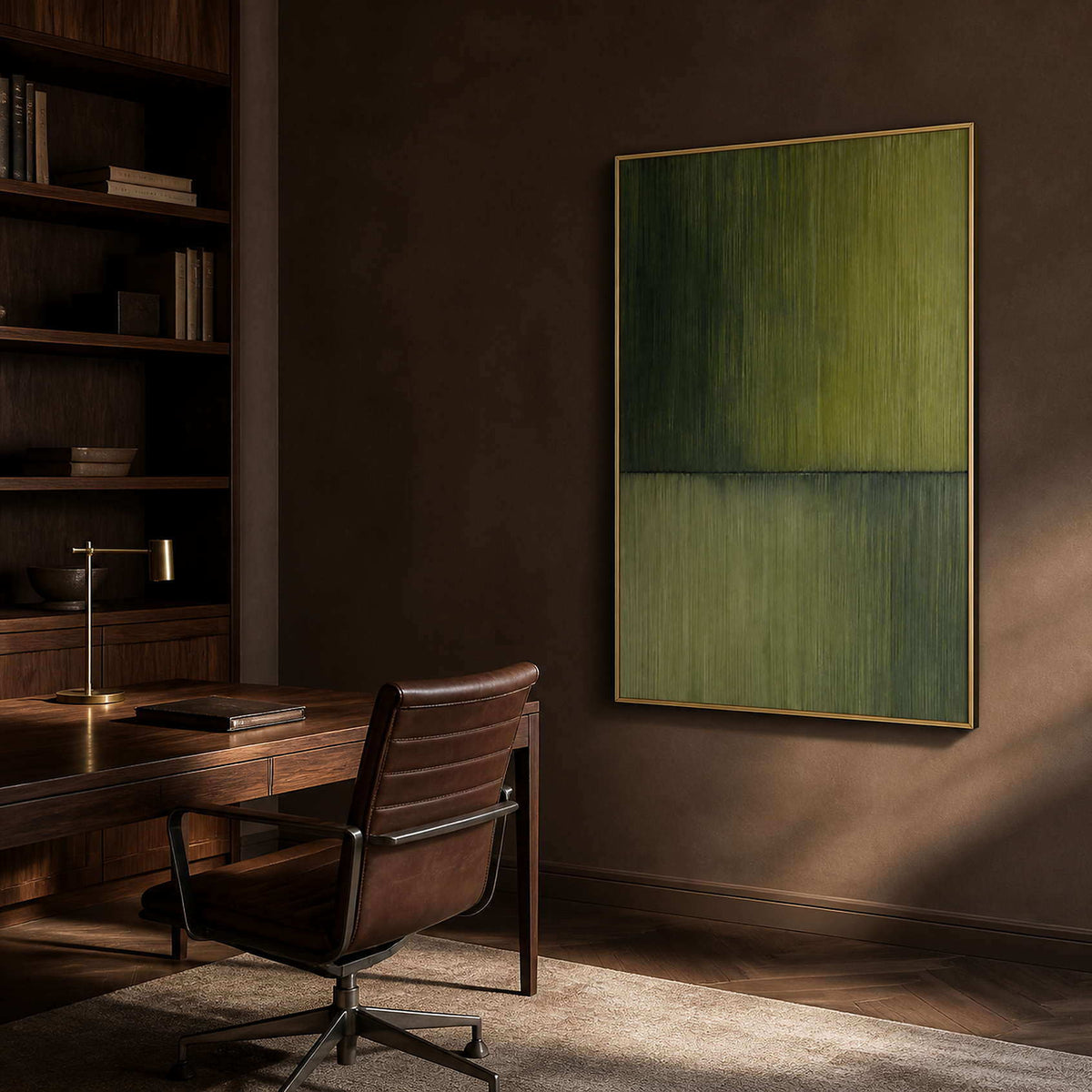 Moss green minimalist painting in a dark brown home office.