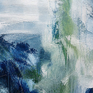 Close-up of layered blue, white, and sage hand-painted texture.