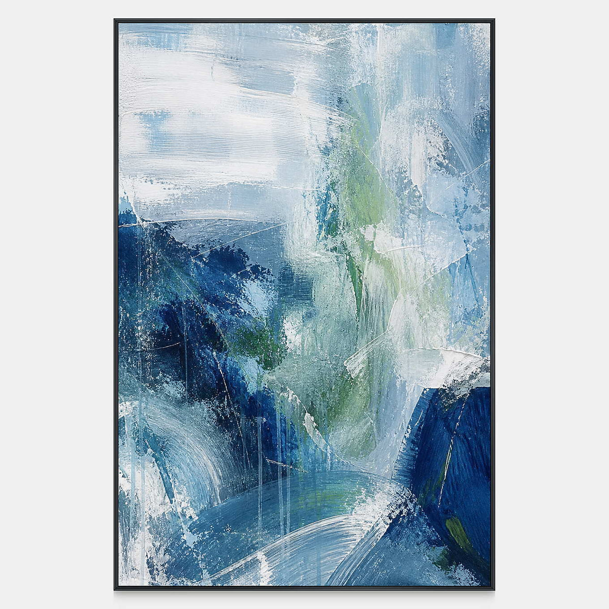 Hand-painted vertical abstract artwork in deep blue, misty white, and sage.
