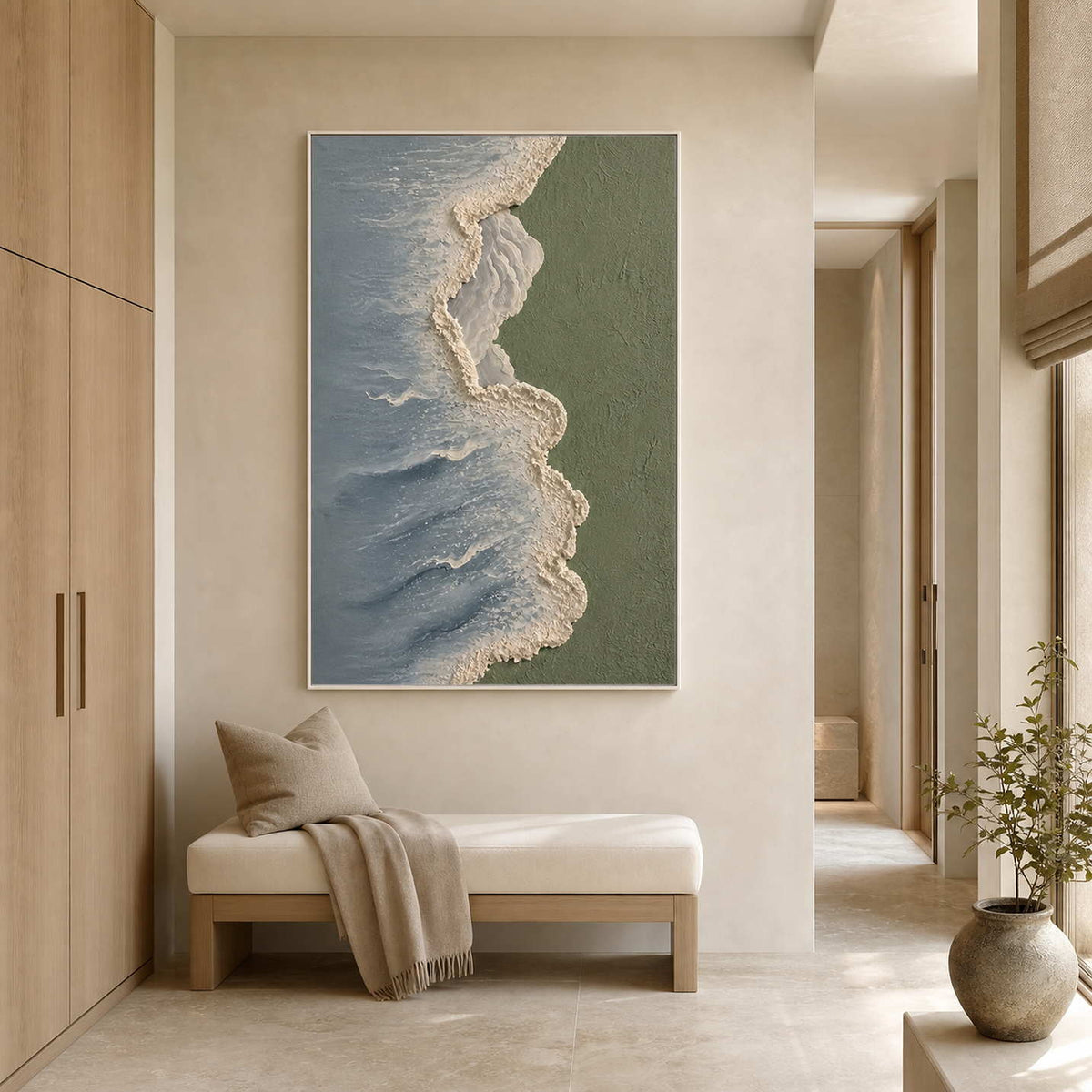 Textured Coastal Wall Art displayed in a refined bathroom.