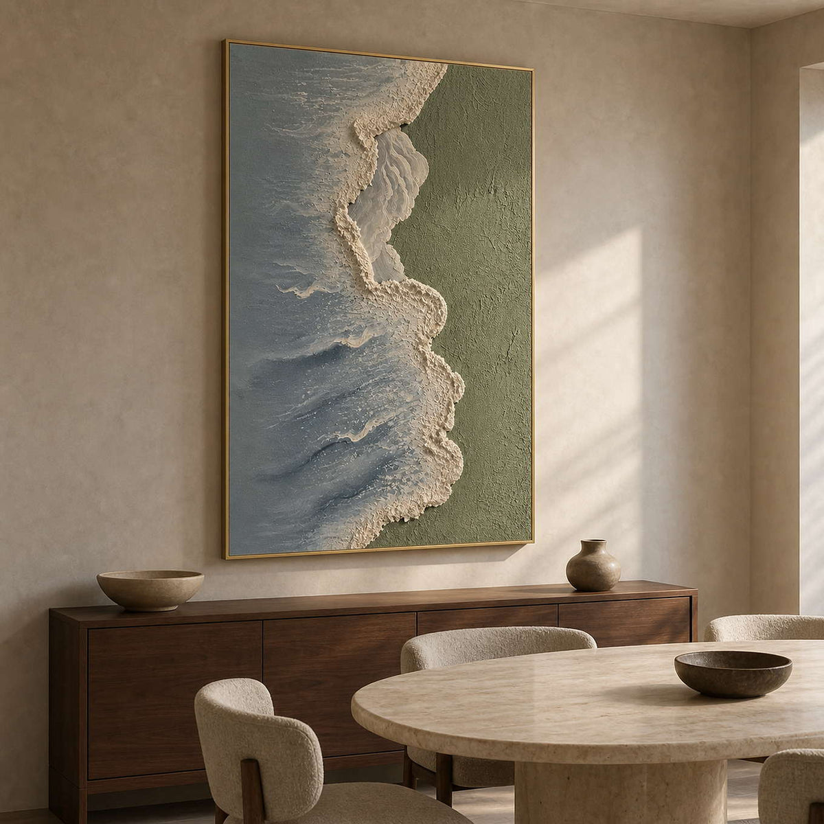 Textured Coastal Wall Art displayed in a refined dining room.