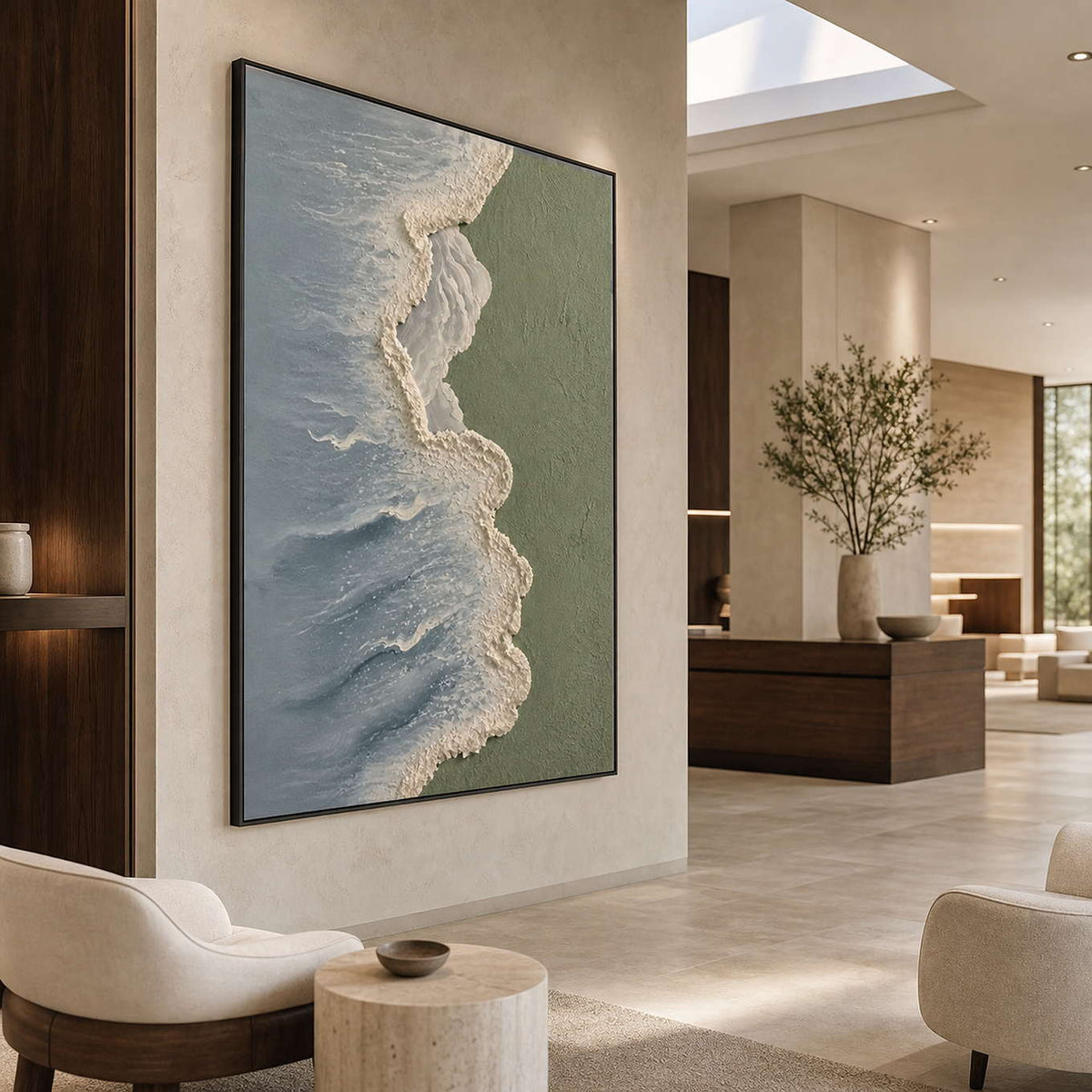 Textured Coastal Wall Art displayed in a refined spa reception.