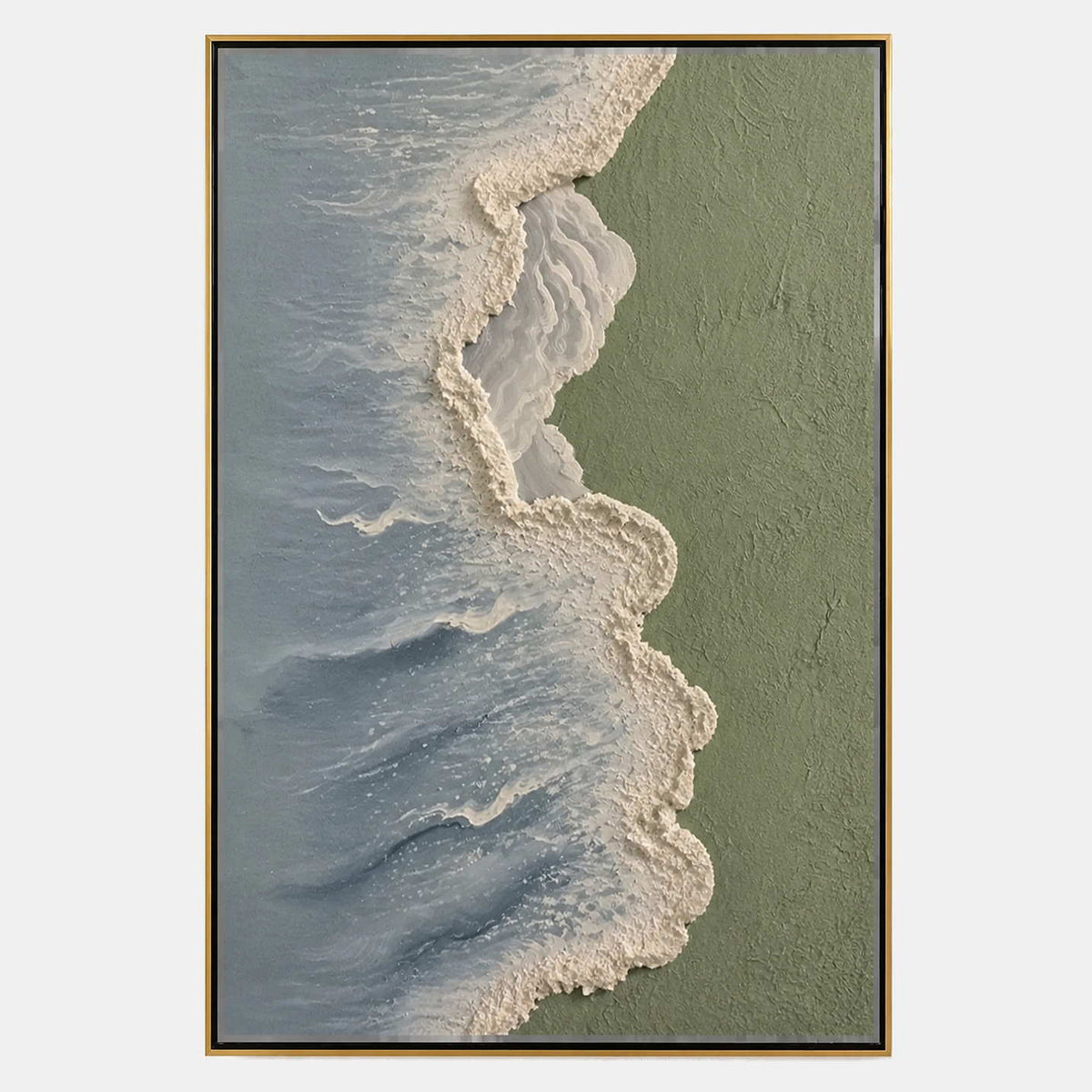 Hand-painted textured coastal wall art with green, blue, and white tones.