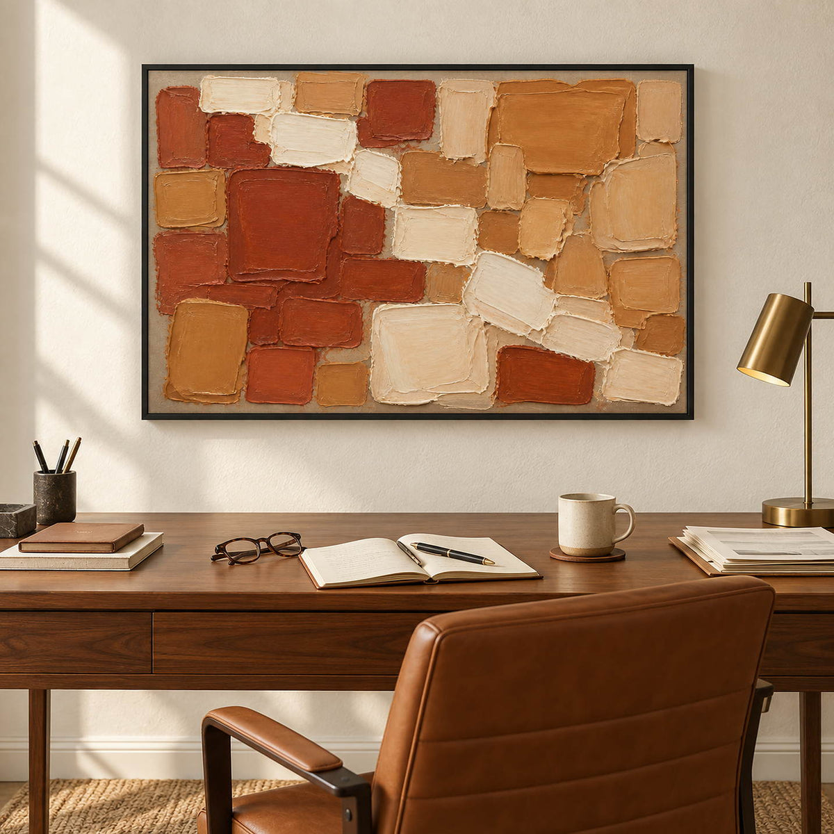 Terracotta, ochre, and cream raised block painting in a black frame in a home office.