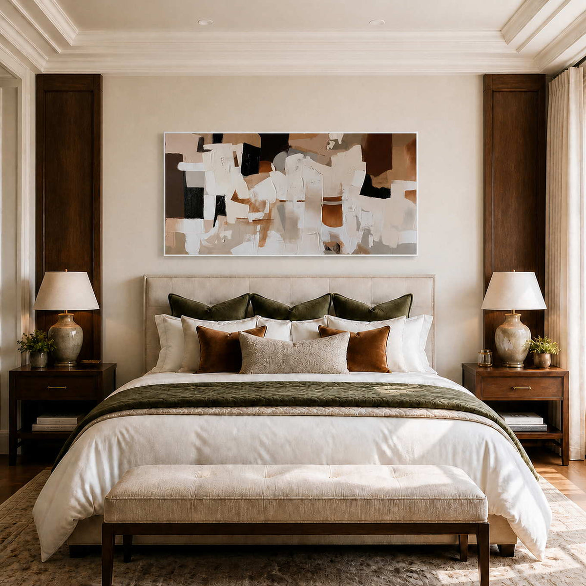 White framed earthy abstract artwork above a bed with layered neutral linens.