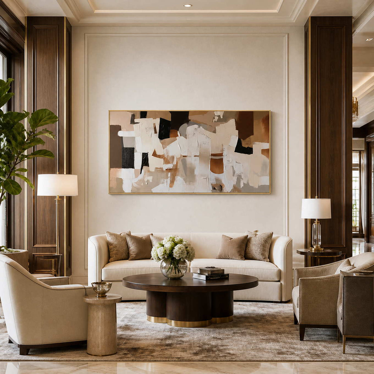 Gold framed wide abstract artwork above cream seating in an elegant hotel lobby.