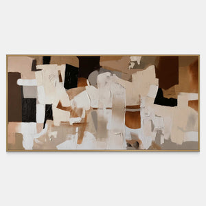 Wide abstract artwork layering cream strokes across brown, beige and charcoal patches.