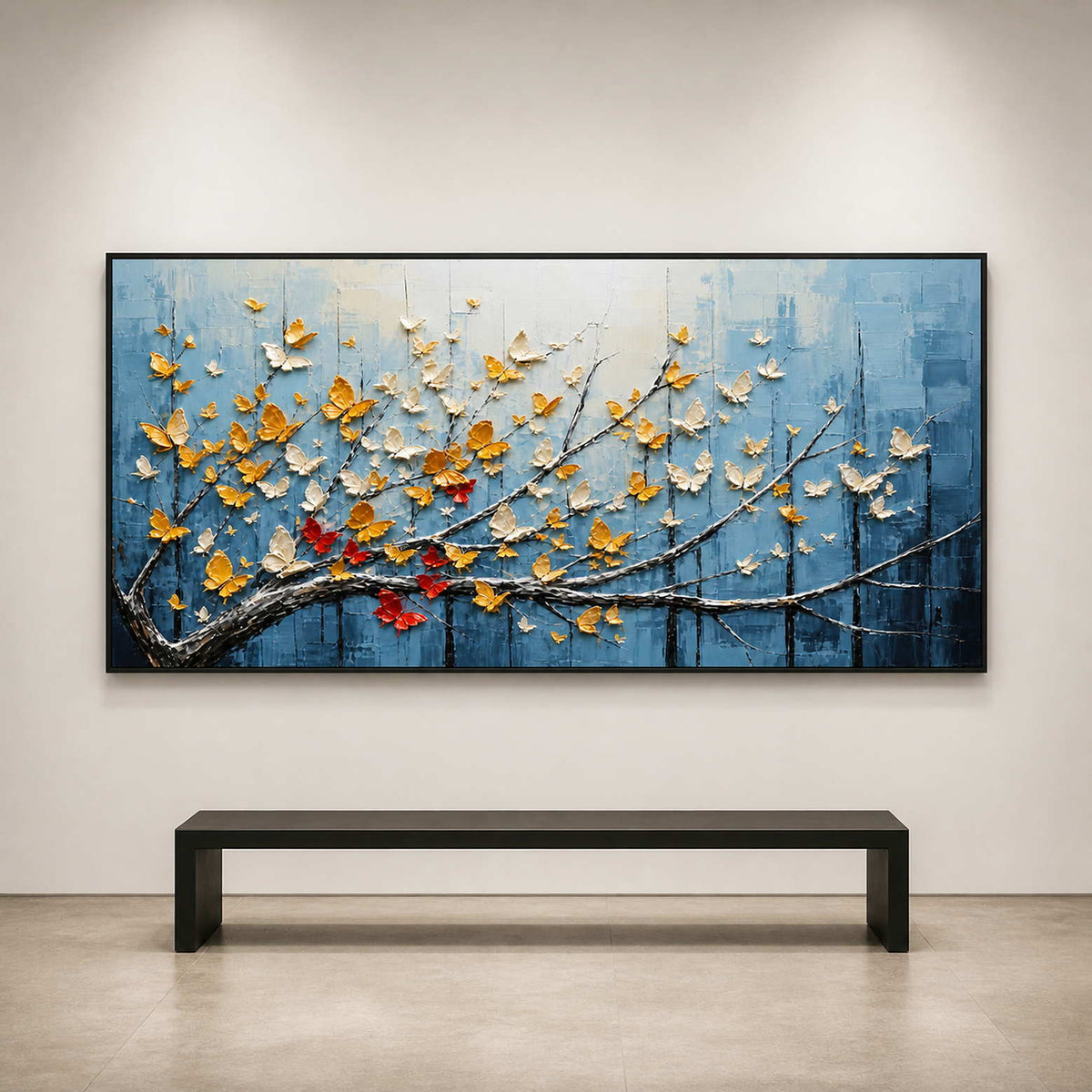 Textured butterfly wall art displayed close-up in a contemporary gallery.