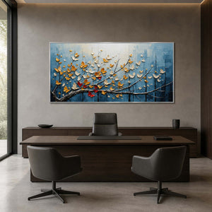 Blue and gold butterfly artwork displayed in a refined executive office.