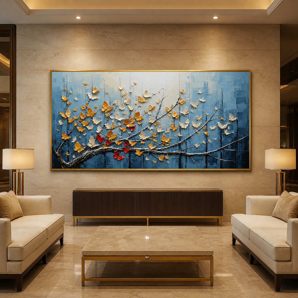 Panoramic textured butterfly wall art displayed in a luxury hotel lobby.
