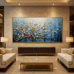 Panoramic textured butterfly wall art displayed in a luxury hotel lobby.