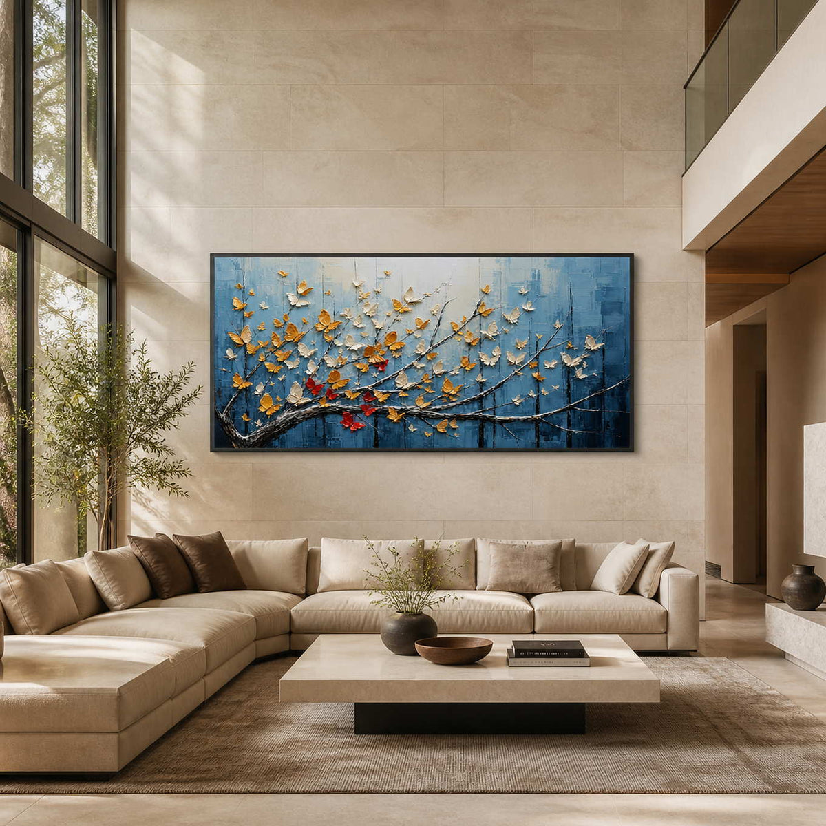 Blue butterfly wall art displayed in a spacious modern living room.