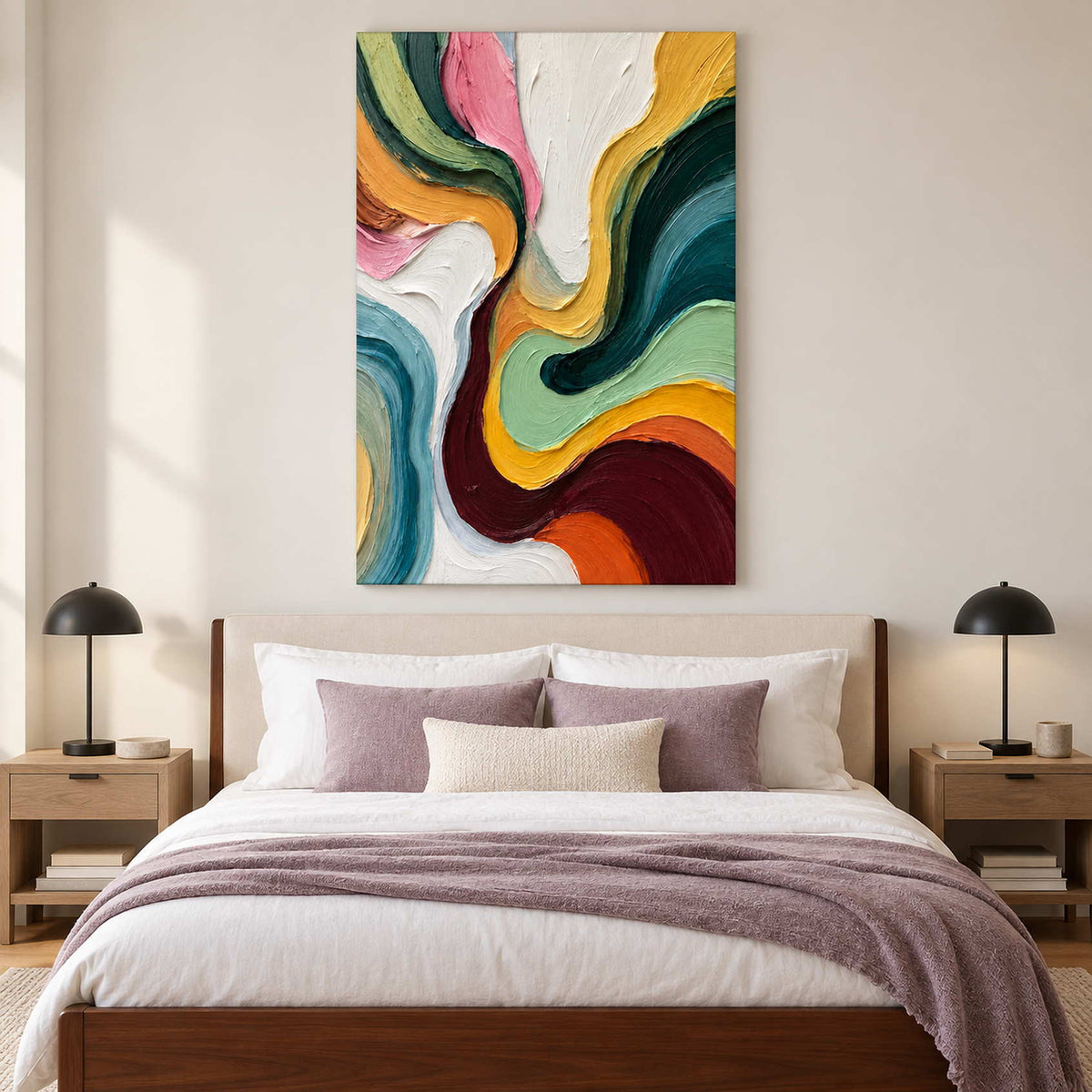 Curving abstract artwork above a bed with lavender bedding.