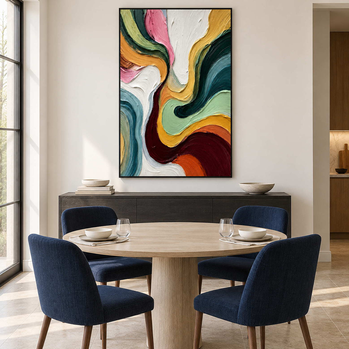 Flowing-color artwork behind a round table and navy dining chairs.