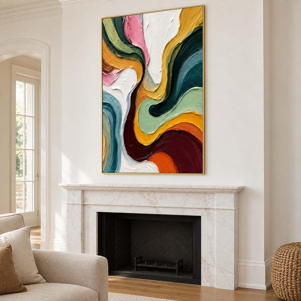 Tall multicolor abstract above a white fireplace.