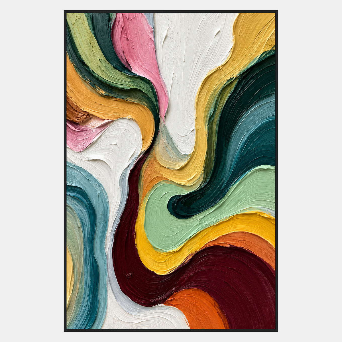 Vertical abstract of textured yellow, pink, green, teal, and burgundy curves around broad white areas.