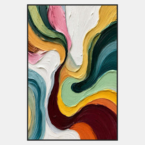 Vertical abstract of textured yellow, pink, green, teal, and burgundy curves around broad white areas.
