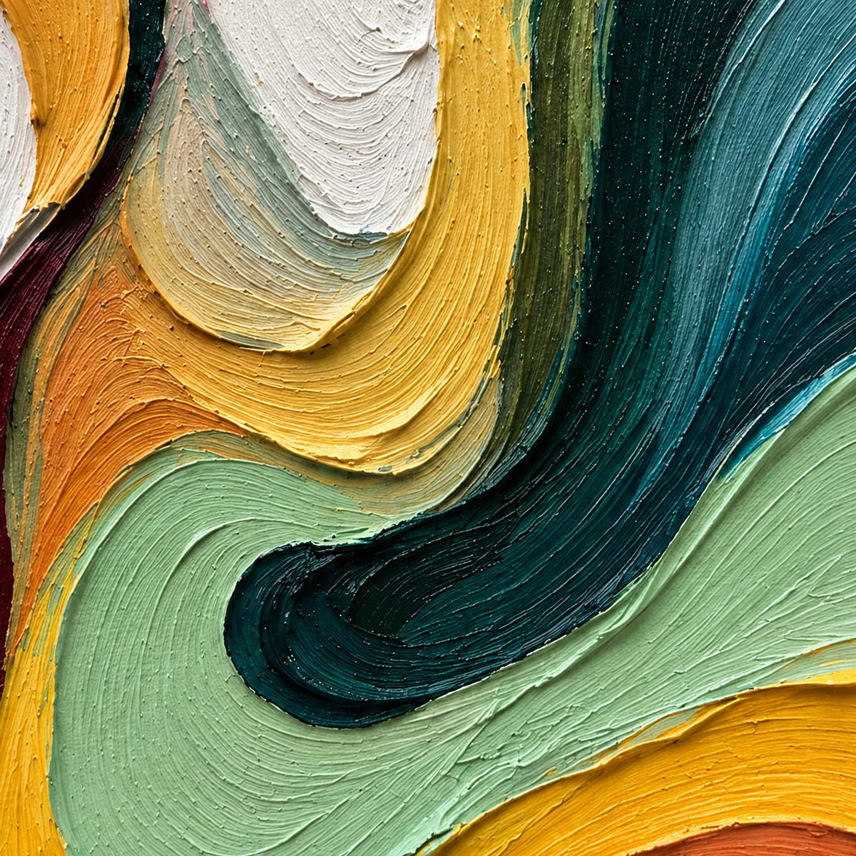 Close-up of nested white, yellow, mint, and deep teal ridges.