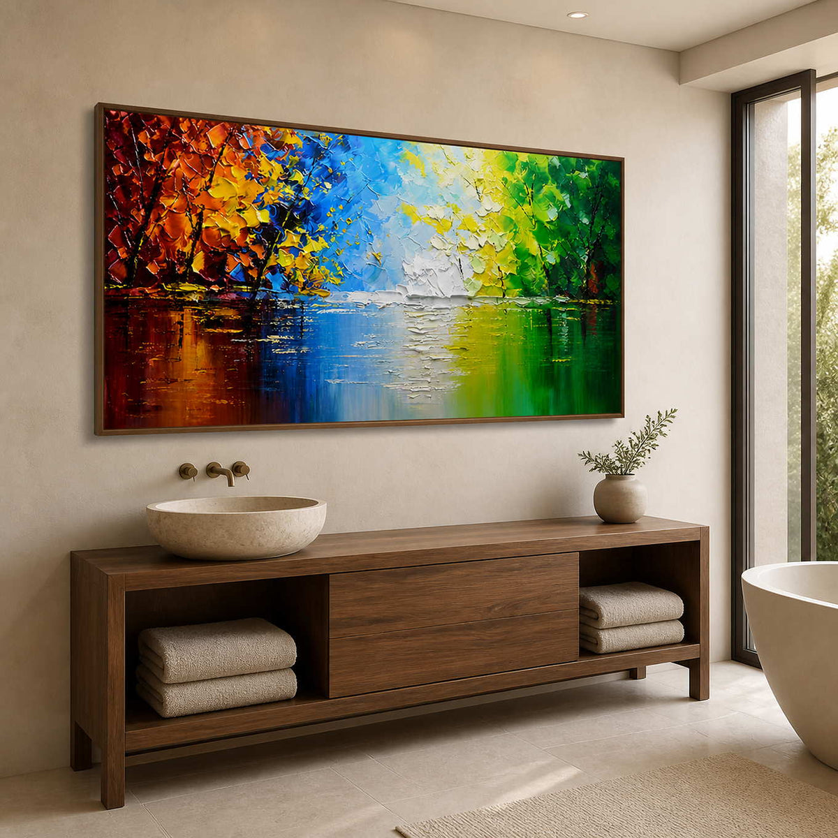 Wood-framed lake landscape above a round stone basin on a wooden bathroom vanity.