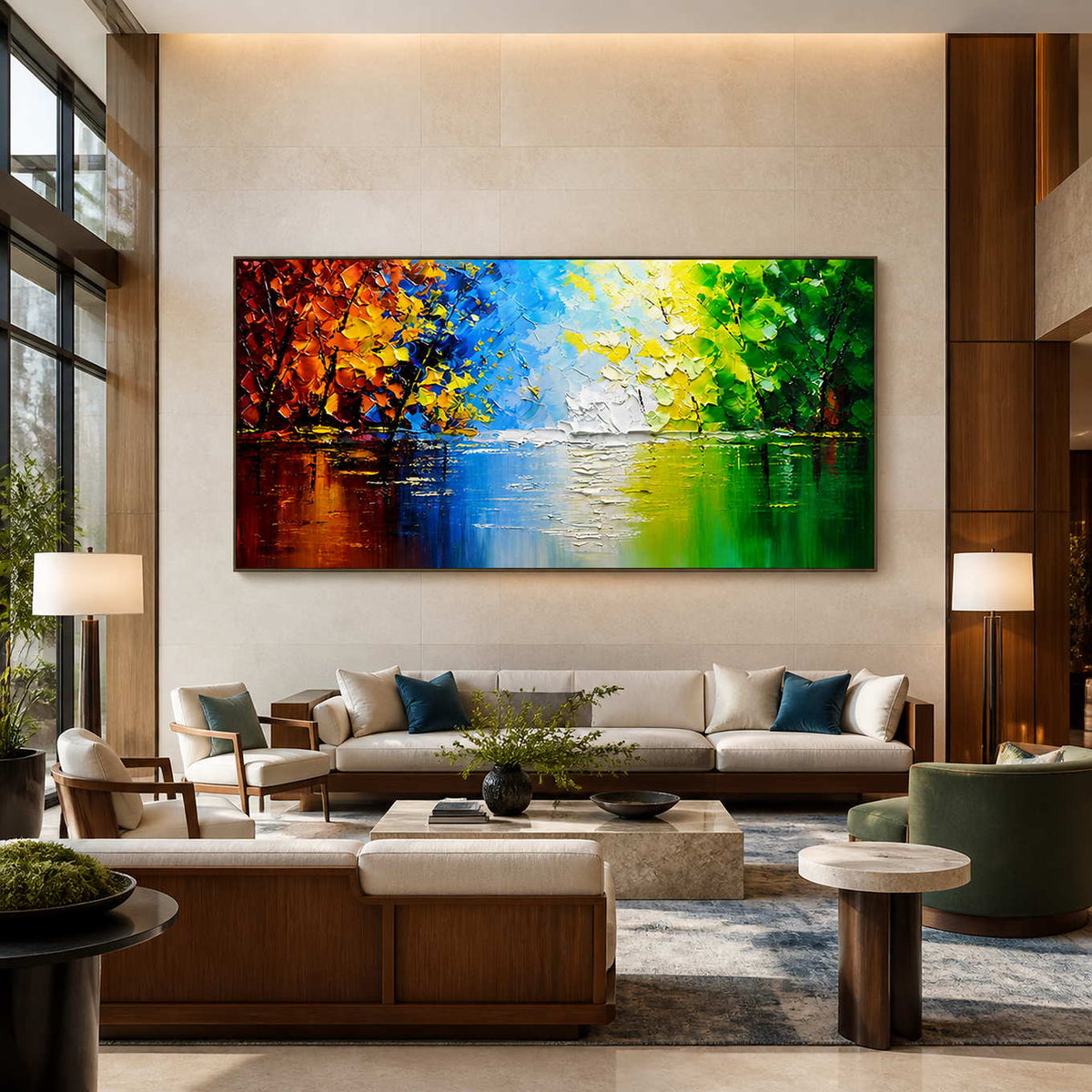 Black-framed colorful lake painting above a long cream sofa in a hotel lobby.