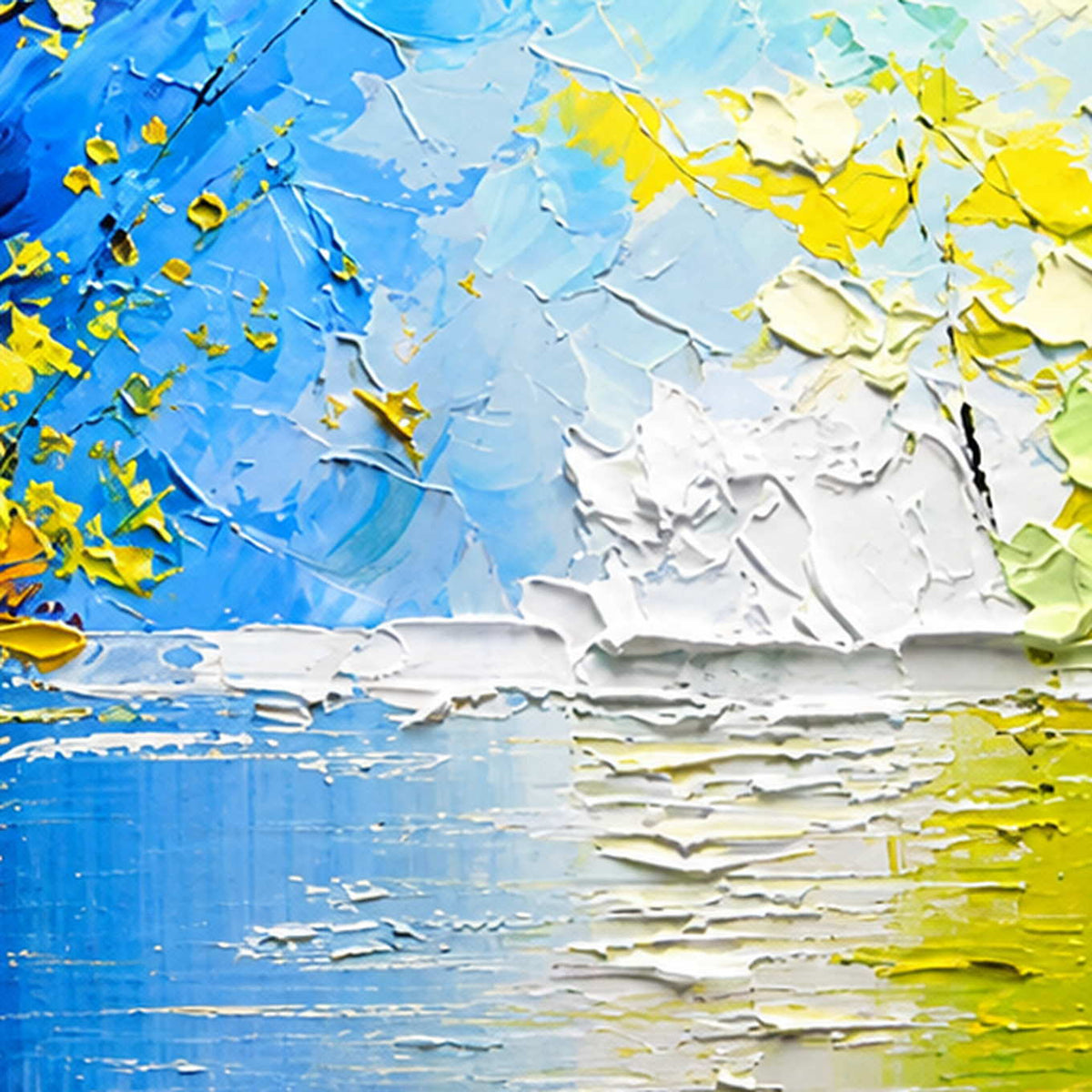 Close-up of raised blue and white paint with yellow leaves and rippled reflections.