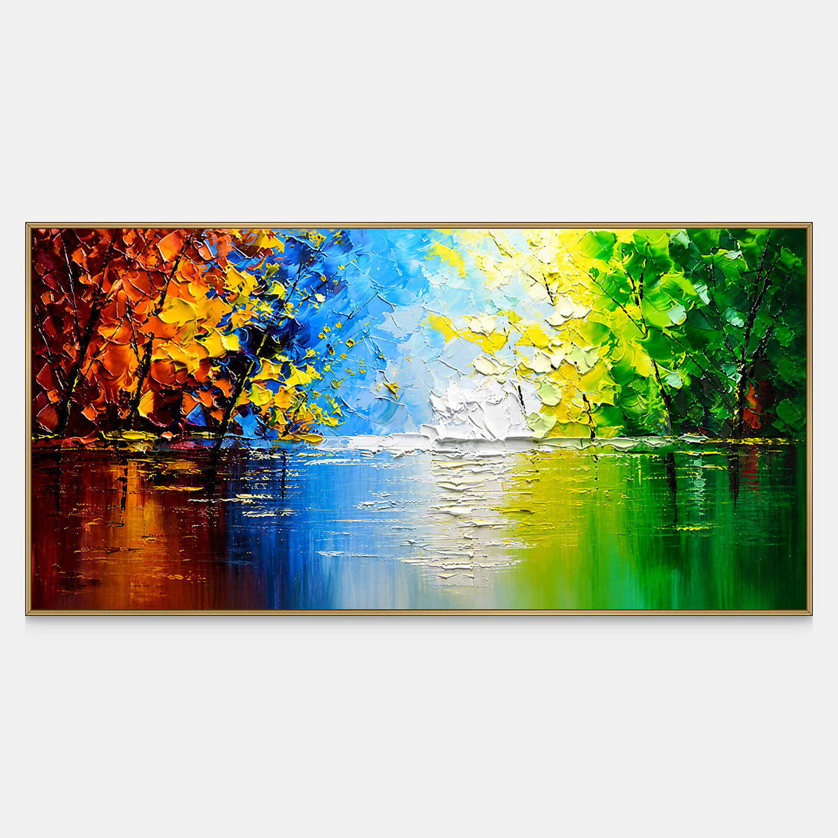 Panoramic lake painting with orange and green trees reflected around a blue opening.