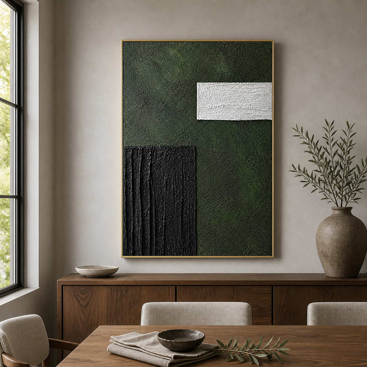 Gold framed green geometric artwork above a wood sideboard in a sunlit dining room.