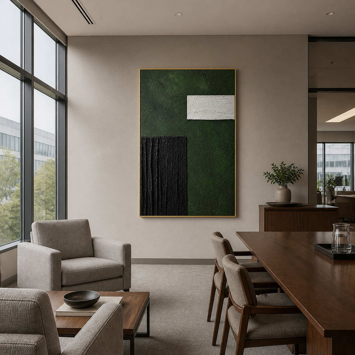 Gold framed geometric green painting overlooking a meeting table and executive lounge seating.