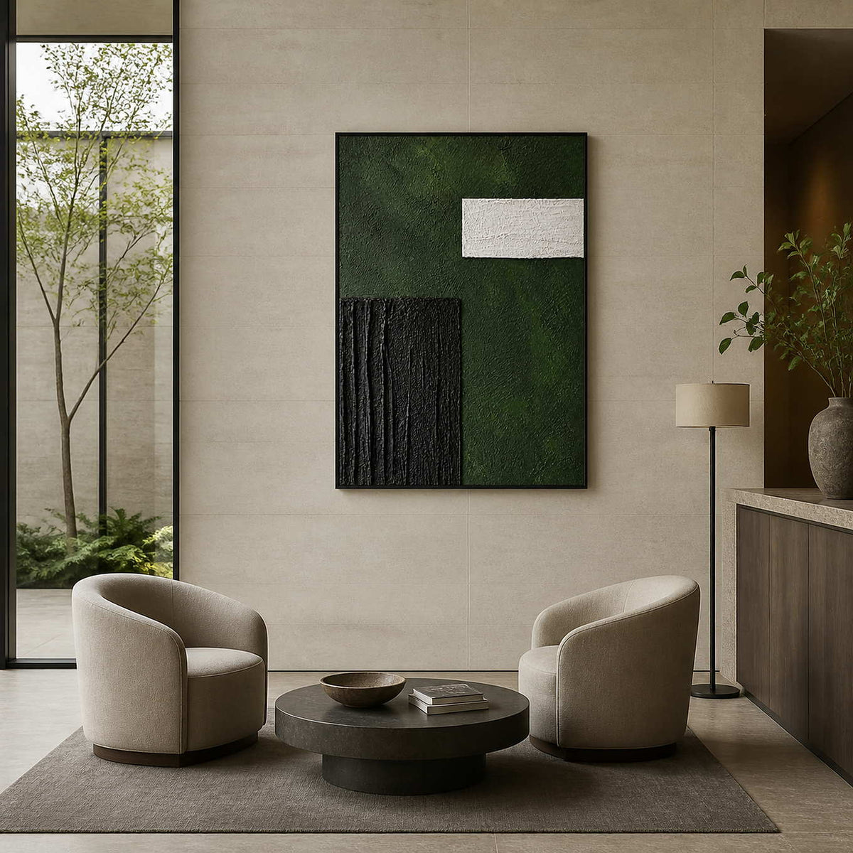 Black framed textured green artwork above two armchairs in a boutique hotel lobby.