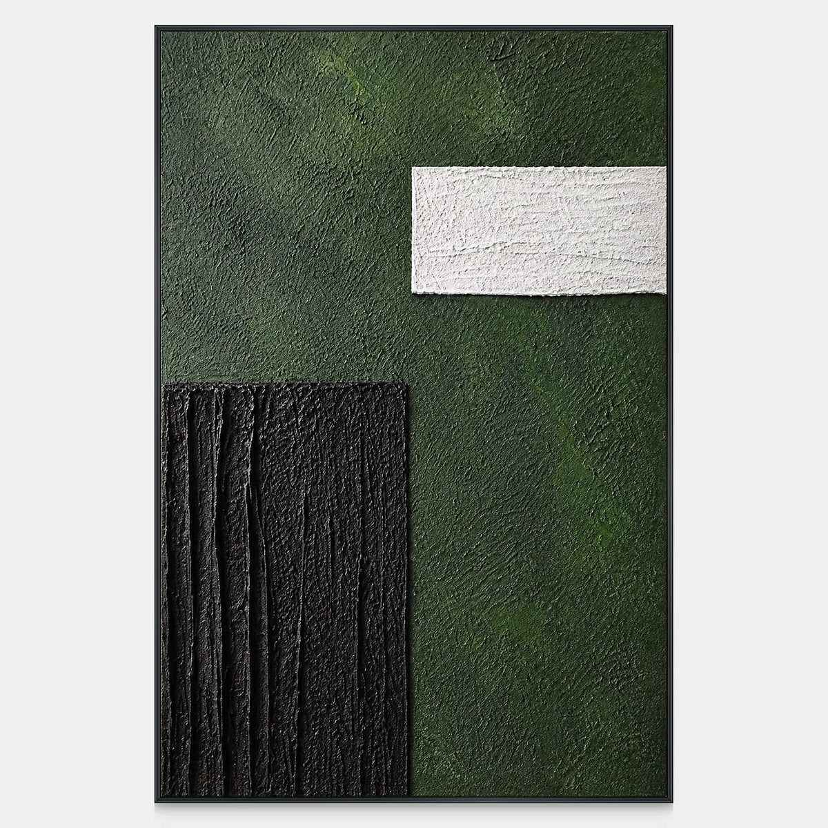 Vertical green abstract painting with a white horizontal block and ridged black rectangle.