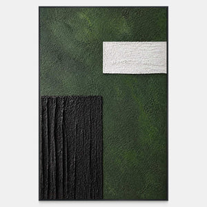 Vertical green abstract painting with a white horizontal block and ridged black rectangle.