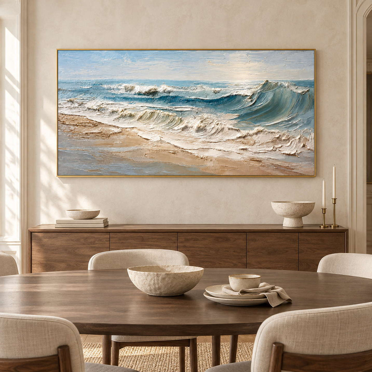 Blue-gray shore painting above a brown sideboard behind a wooden dining table.