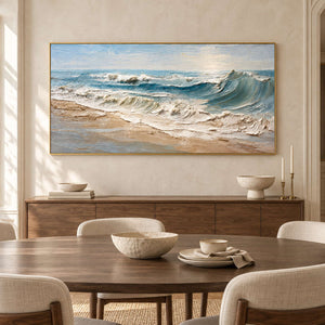 Blue-gray shore painting above a brown sideboard behind a wooden dining table.