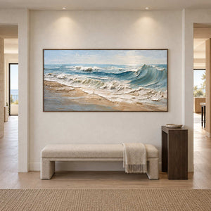 Shoreline painting over a pale hallway bench beneath two recessed spotlights.