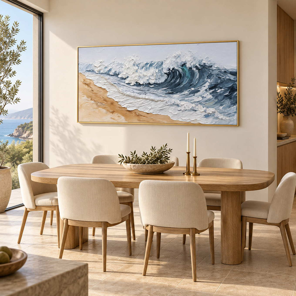 A Letter from the Waves in a gold frame above an oval wood dining table with cream chairs.